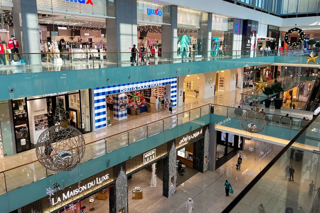 Shopping mall interior with stores